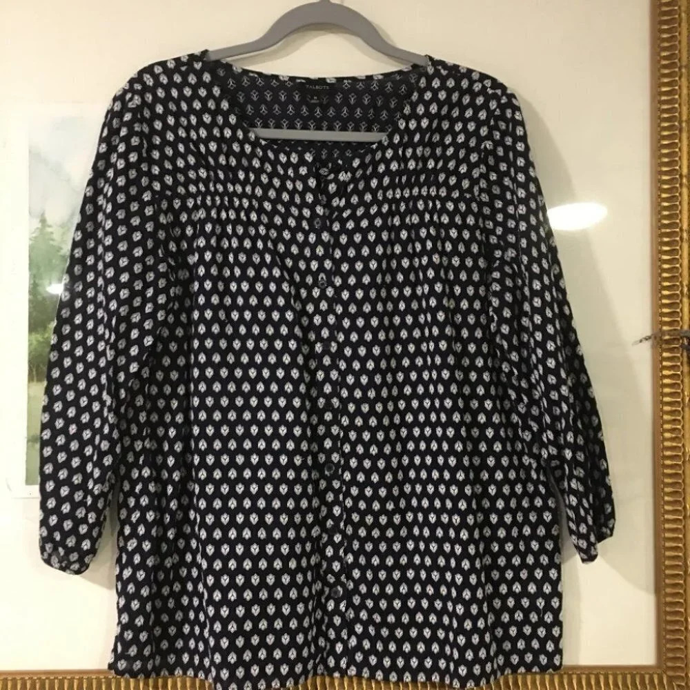 Talbots Medium Button‎ Down Navy Peasant Blouse